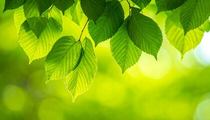 Fototapeta na wymiar Lush green leaves hang down from branches against a bokeh filled background of yellow & green