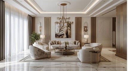 A luxury living room with marble flooring, gold accents, modern chandelier, high-end interior photography style.