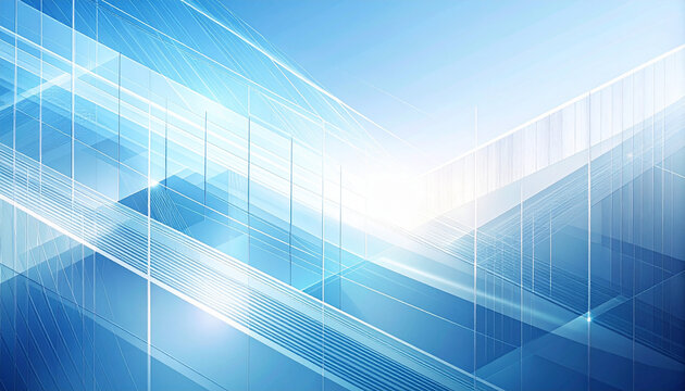 青い四角形と線が織りなす透明感のある抽象背景