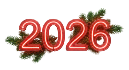 Red neon sign displaying the year 2026 decorated with christmas tree branches and pine cones against a black background