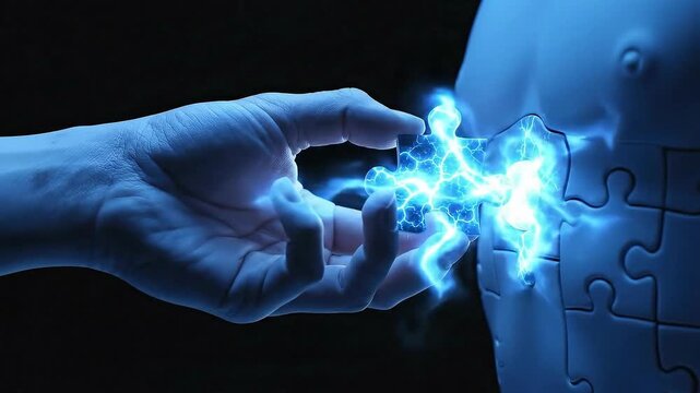 Close up of a hand holding a glowing blue puzzle piece connecting to a larger puzzle structure.