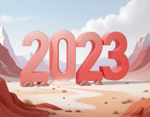 A vibrant graphic announcing 2023 with bold pink numbers. Mountains and arid landscapes are in the background