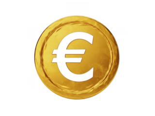 Shiny gold euro coin with currency symbol isolated on transparent background