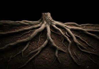 Intertwined structure of gnarled tree roots exposed above and below ground, illustrating nature's complex underground foundation ,tangled ,complex ,stability