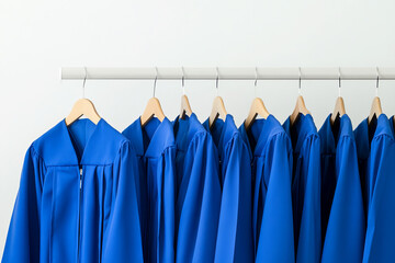 Row of Blue Graduation Gowns on Hangers