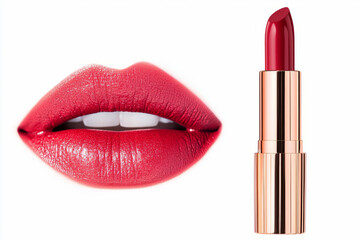 Obraz premium Close-up of Woman's Red Lips and Golden Lipstick. Beauty and Fashion Concept with Bright Red Makeup