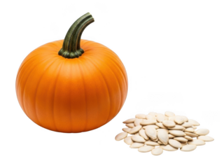 Small orange pumpkin and pumpkin seeds isolated on transparent background