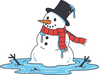 Vector illustration of a cheerful melting snowman standing in a blue puddle with his stick arms floating in the water and his top hat dripping.