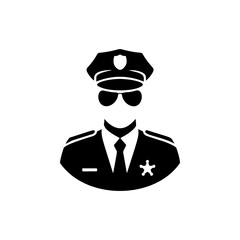 A bold black and white vector icon of a police officer wearing a uniform, cap, and sunglasses, symbolizing law enforcement, authority, and security.