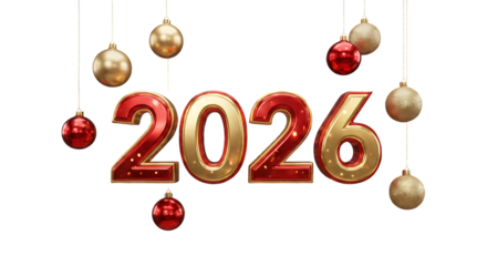 Festive 2026 sign with red and gold christmas ornaments hanging on a black background