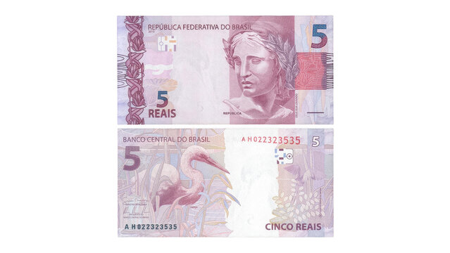 Five Brazilian real banknote, front and back, on transparent background