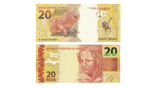 Twenty Brazilian real banknote, front and back, on transparent background