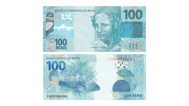 One hundred Brazilian real banknote, front and back, on transparent background