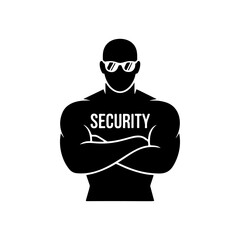 A strong, muscular security guard wearing a tactical vest and sunglasses with crossed arms. A bold black and white vector icon symbolizing protection and authority.