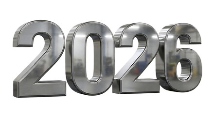 A modern 3d render of the year 2026 in metallic silver text