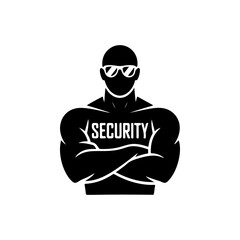 A strong, muscular security guard wearing a tactical vest and sunglasses with crossed arms. A bold black and white vector icon symbolizing protection and authority.