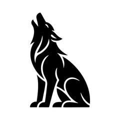 Obraz premium A striking black and white vector logo of a wolf howling upwards while seated, symbolizing freedom, nature, wilderness, and the pack spirit.