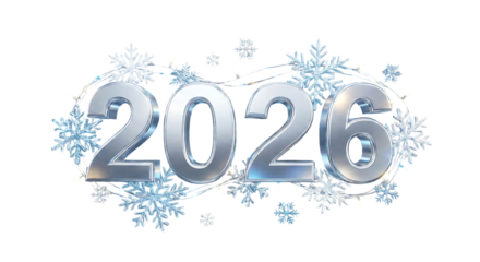 Celebrating the new year 2026 with a shiny silver 3d text surrounded by blue snowflakes and festive lights