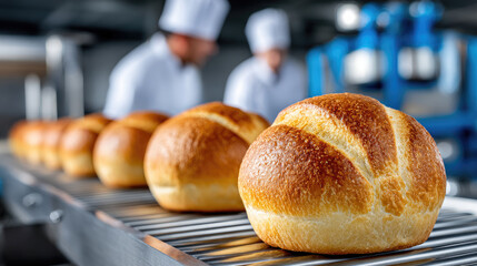 Freshly baked bread rolls moving along a modern conveyor belt in a large industrial bakery, ensuring high-volume food production with professional chefs working in the background