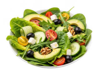 Fresh mixed green salad with avocado, feta cheese, and walnuts isolated on transparent background