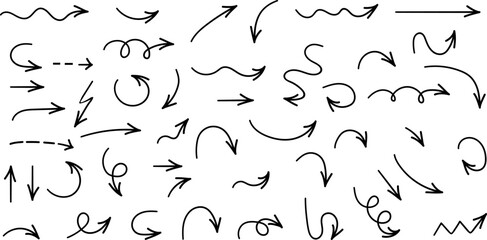 Collection of hand drawn arrow icons &ndash; simple sketch arrows isolated on white background. Perfect vector set for design projects, presentations, infographics, and creative illustrations