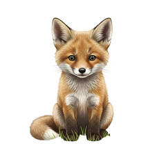 Adorable red fox kit sitting on grass