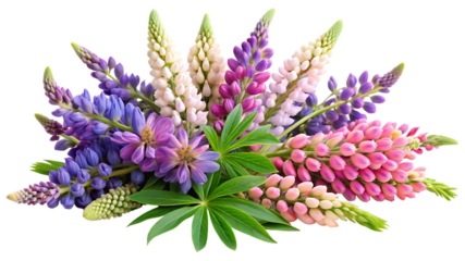 A vibrant arrangement featuring colorful lupine flowers in shades of pink, purple, and white