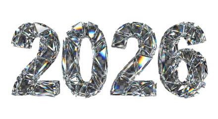 A stylized new year countdown number 2026 made of broken glass or crystal shards.