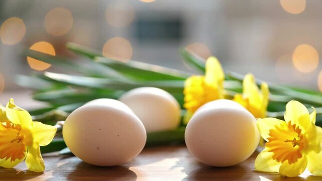 "Beautiful Easter composition with white eggs and yellow daffodils on rustic wooden table with bokeh lights background"