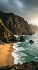 Rugged rocky cliffs meet pristine golden sandy beaches in a remote coastal nature reserve, showcasing the raw power and beauty of the ocean edge ,scenic ,untouched ,serene