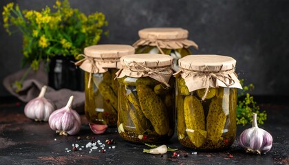 Four jars of pickled cucumbers sit on a rustic surface with garlic, spices, and floral accents in a dim-lit scene