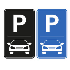 Parking signs with the letter P and the frontal silhouette of a car. Illustration on a transparent background