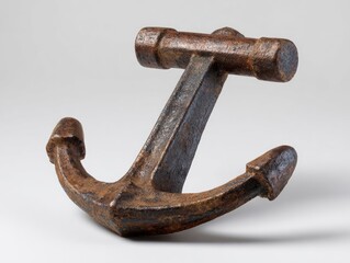 Rusted iron anchor with rounded flukes and a stock against a white background