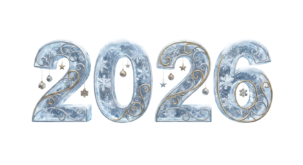 A stylized digital representation of the year 2026 made of ice and golden ornaments