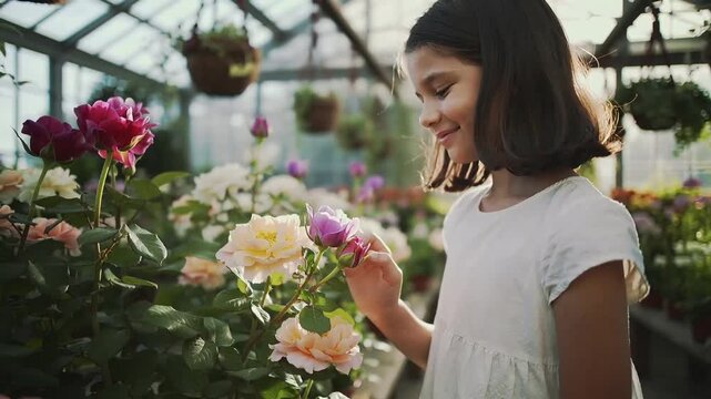 Gently touch the blooming flowers in the greenhouse