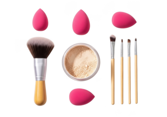 Makeup brushes, pink sponges, and loose powder isolated on transparent background