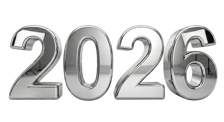 A 3d render of the year 2026 with silver metallic numbers