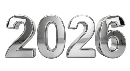 A 3d render of the year 2026 with silver metallic numbers
