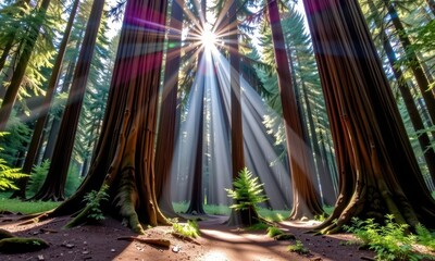 Sunlight streams through towering redwood trees, illuminating a serene forest floor, scenic, serene