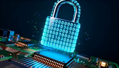 Secure data protection concept showing a glowing binary code padlock above a computer circuit board. - Powered by Adobe