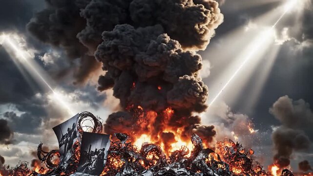 Massive explosion with dark smoke and fire, apocalyptic scene.