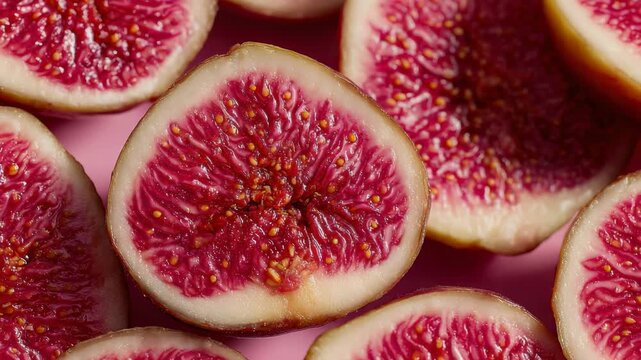 Fresh figs sliced open to reveal juicy pink flesh and tiny seeds on a soft pink background for appetizing dessert ideas