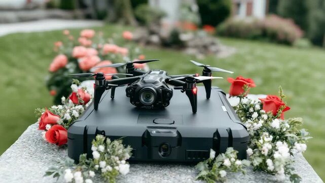 Drone rests on case surrounded by flowers in garden during daylight hours