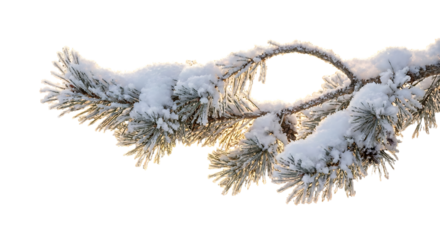 Snow covered pine branch glistening in the warm light of a rising winter sun