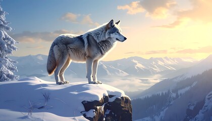 Majestic wolf atop snowy peak, gazing at mountain vista under a bright, sunny sky. Peaceful and serene
