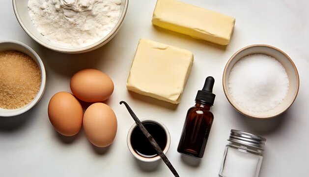 Essential baking ingredients flat lay including flour, eggs, butter, and vanilla on a white surface, flour.