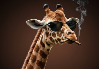This majestic spotted giraffe wears dark sunglasses and smokes a thick cigar, portraying a serious, confident, and powerful attitude ,novelty ,humorous ,smoke