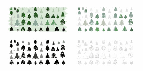Abstract arrangement of stylized evergreen trees in varying shades and patterns © Debashis