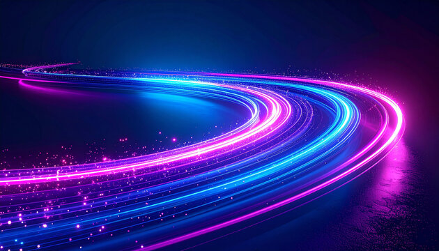 横に流れるネオン光の束と粒子の軌跡