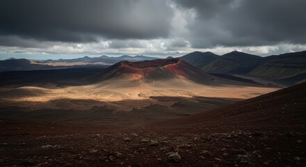 Vast, desolate crater landscape under dramatic skies. Rugged volcanic terrain and deep shadows emphasize the wild, untouched nature of the scene, igneous, view, texture